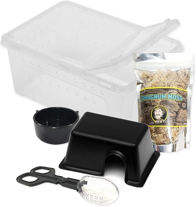 Jungle Bob - Medium Terrarium Bundle - with 10.25" x 7" x 4.5" Clear Plastic Terrarium Box, Small Rectangle Hide Box, Sphagnum Moss (0.4oz), Grabber (7.25"), & Round Corner Bowl - Reptile Habitat Kit