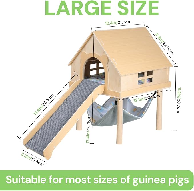 Guinea Pig Hideout- Wooden Guinea Pig Toys with Stairs and Mat & Hammock, Detachable Double-Decker House for Small Animal Toys for Hiding Sleeping Activities