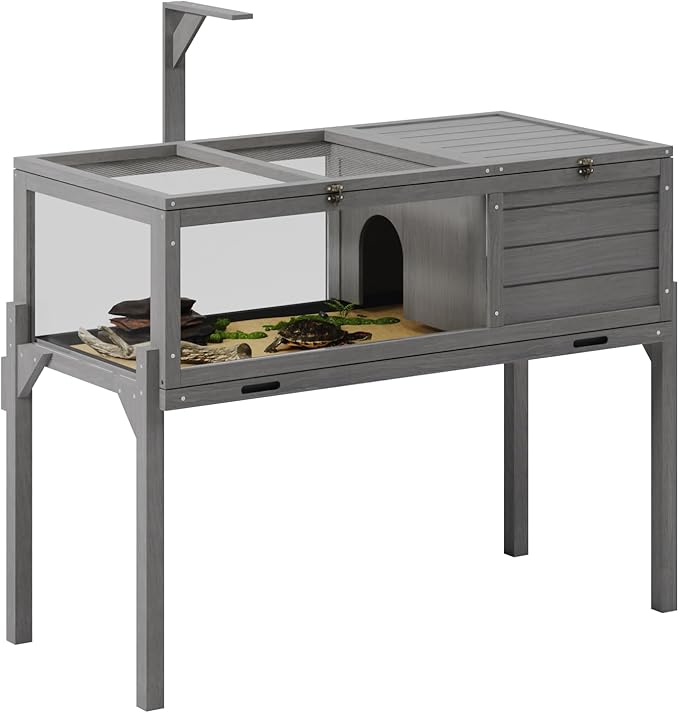PRETZI Tortoise Habitat with Lamp Holder, Turtle Enclosure Indoor/Outdoor, Wooden House for Small Animals, Reptile Terrarium Table with Detachable Legs