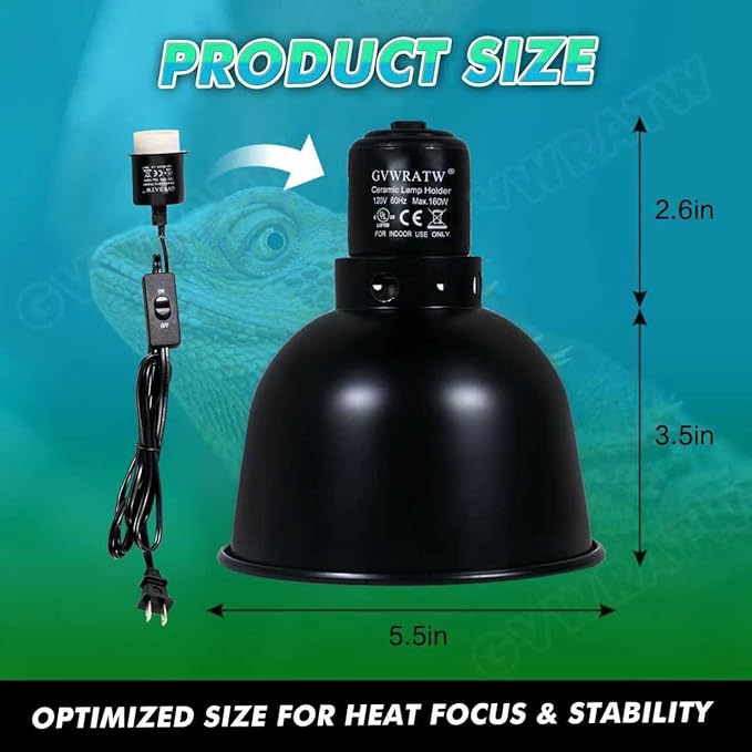 5.5 Inch Shallow Dome Reptile Lamp Fixture, Suitable for UVB Bulbs and Basking Heat Bulbs, Max 160W.