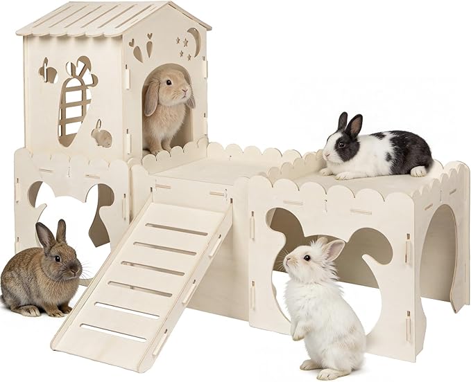 Large Rabbit House, Wooden Bunny Castle with 4 Houses Indoor, Rabbit Guinea Pig Cage Multistory Climbing Tower Sturdy Wooden Castle, Small Animal Hideaway Tunnel (4 Houses)