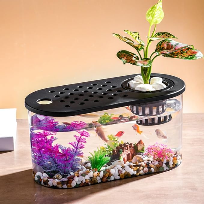 Small Turtle Tank Kit, Reptile Aquarium with Basking Platform, Decor Stones & Water Grass – Habitat for Turtles, Hermit Crabs, Fish – Ideal for Home or Office (12" x 6" x 12")