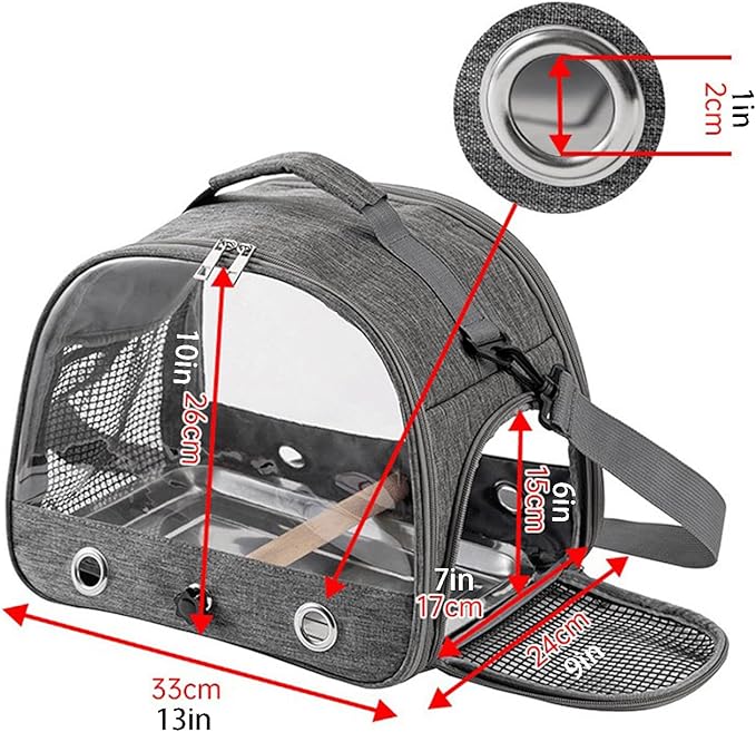 Portable Bird Cage Bird Carriers Foldable Panoramic View with Perch Removable Tray for Parrot Hamster Hedgehog Rabbit Sugar Glider (Black)