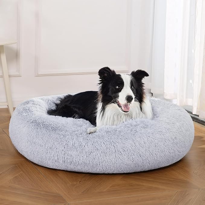 Amazon Basics Washable Donut Pet Bolster Faux Fur Bed with Removable Cover, Anti-Slip Bottom for Dog, Grey, 36" x 36"