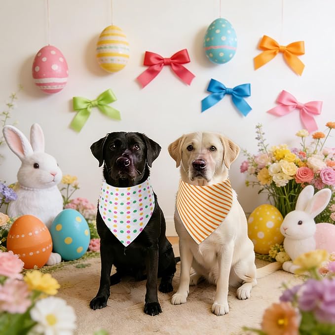 Easter Dog Bandanas Large 2PCS, Triangle Reversible Bunny Scarf for Boy and Girl, Adjustable Puppy Bibs for Large and Extra Large Pets Cats