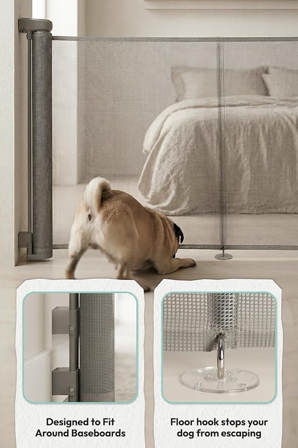 15.7" H Mesh Short Dog Gate, Extends Up to 59" W Retractable Pet Gate with Drill Installation, Small Dog Gate for Stairs, Easy Step Over Low Puppy Gate for Doorways Indoor Outdoor, Grey