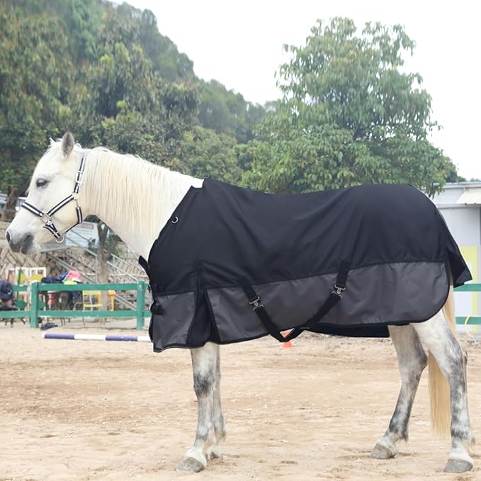 1200D Ripstop Waterproof Breathable Horse Blanket (0g No Fill), Lightweight Turnout Rain Sheet, Keeps Dry in Mud & Wet Weather BlackGrey 72"