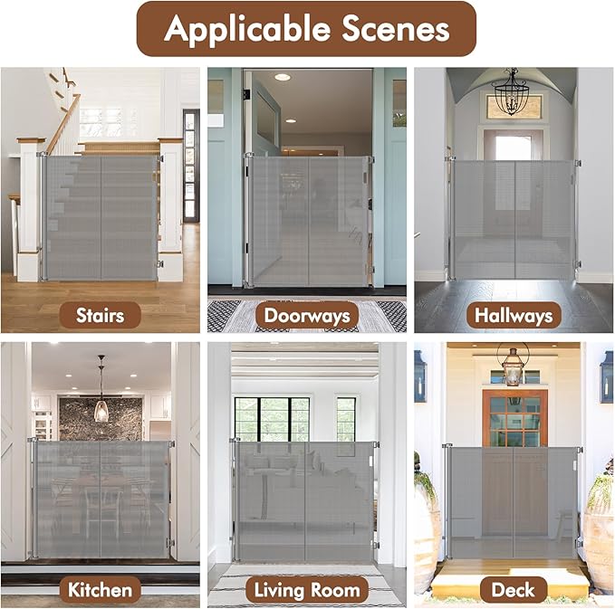 Reinforced 48" Extra Tall Dog Gate with Support Rods, 4 Ft Tall Retractable Dog Gates for Doorways 55" Wide Mesh Baby Gate for Cats - Prevent Baby/Pet from Jumping Over, Gray