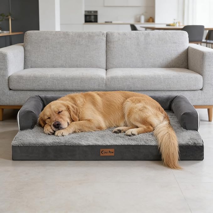 Orthopedic Dog Beds for Large Sized Dogs, Waterproof Egg Crate Foam Large Dog Couch Beds with Comfy Bolster 36x27Inch, Washable Pet Beds with Removable Cover and Nonskid Bottom, Dark Grey