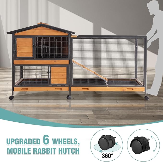 Suumerpety 2-Story Rabbit Cage with Chew-Proof Metal Frame for Indoor/Outdoor - 62" Bunny Hutch Guinea Pig Cages with 6 Locking Wheels & 2 Removable Trays for Rabbits/Guinea Pigs