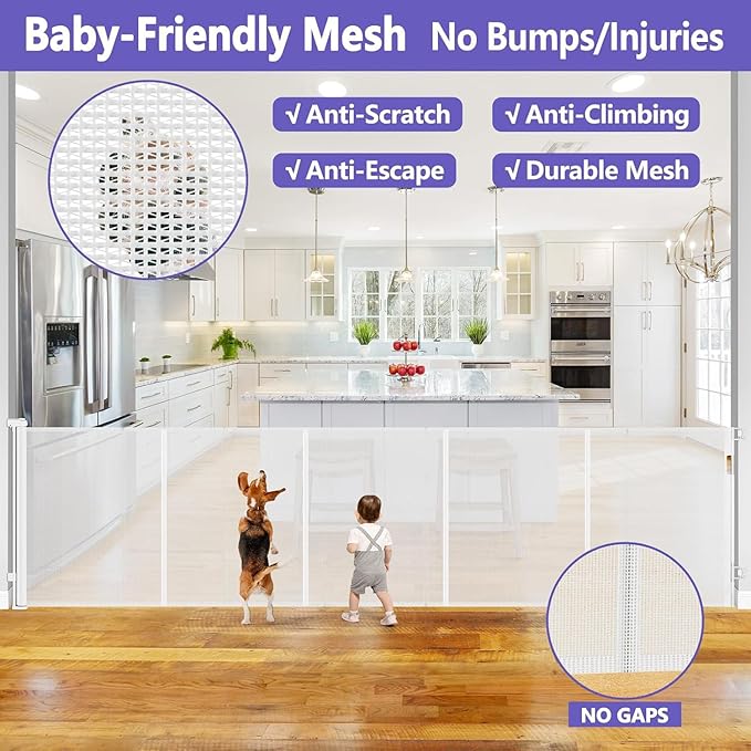 Newly Enhanced - 42" Tall × 120" Extra Wide Retractable Baby Gate Keeps Pets from Getting Under Tall Dog Gate, Indoor/Outdoor Baby Gates for Dogs, Retractable Dog Gate for Large Openings, White