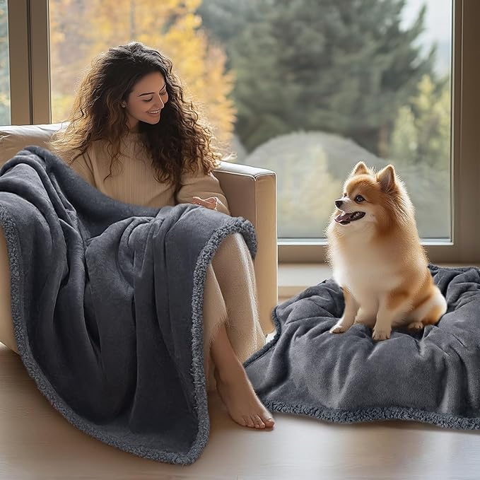 Waterproof Pet Blanket, Liquid Pee Proof Dog Blanket for Sofa Bed Couch, Reversible Sherpa Fleece Furniture Protector Cover for Small Medium Large Dogs Cats, Dark Gray Medium(57" x 40")