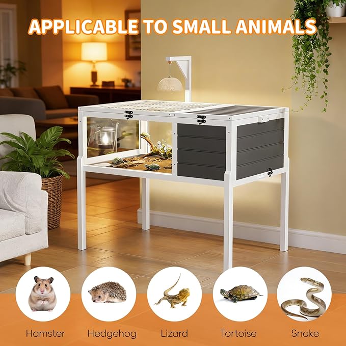 Reptile Habitat Tortoise House with Lamp Holder, Large Observation Window, 2 Waterproof Tray, Detachable Legs, Easy to Clean Wooden Enclosure for Turtles, Lizards, Geckos, and Small Pets Indoor Outdoo