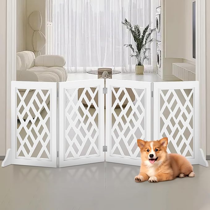 Cut-Out Design 23" Dog Gate Retractable Stair Gate Foldable Puppy Gate Indoor - Freestanding Lightweight Pet Barrier for Doorways, Stairs, Hallways (Extends to 41", White)