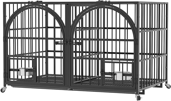 Dosker 42 inch Heavy Duty Metal Dog Crate Cage with Divider for 2 Dogs/Large Dog,All Metal Open Top Escape Proof Cage,Dog Kennel Indoor with Wheels,Floor Grid,Tray,Feeding Bowl