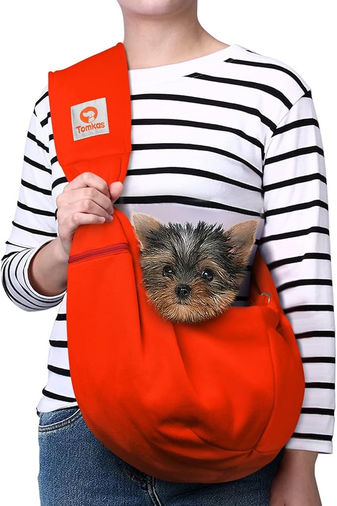 Tomkas Small Dog Sling Carrier - Zipper Pocket & Adjustable Strap & Zip Pocket - for 3-10 lbs Pets (Red)