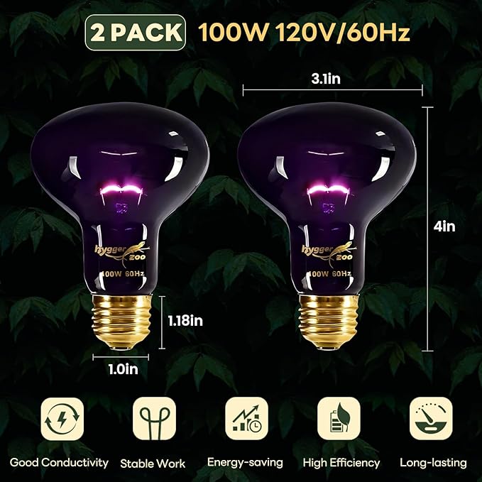 Reptile Heat Lamp, 2 Pack 100W Heat Lamp Bulbs Reptile Night Heat Bulb Basking Light for Bearded Dragon Chameleon Turtle Snake Gecko Lizard Chicken Tank Accessories, Purple
