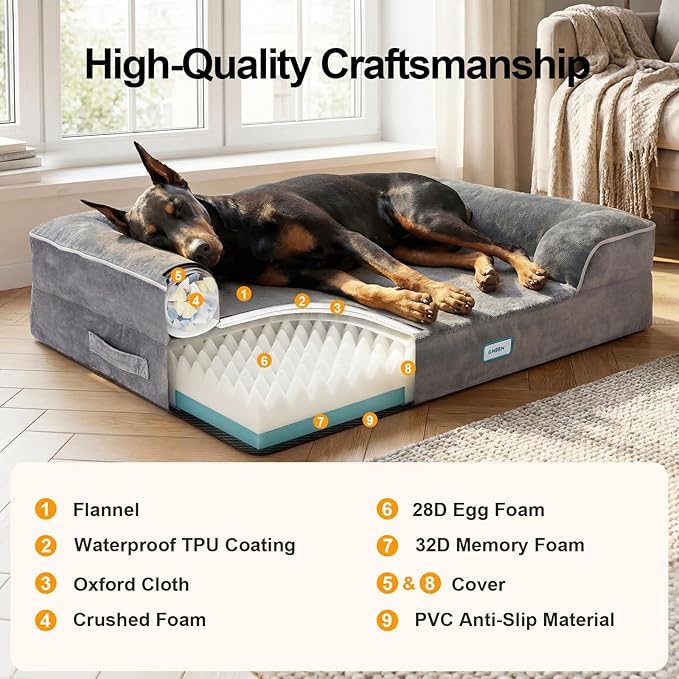 OhGeni Orthopedic Dog Bed Couch Big Cat Sofa for XXL Sized Pets with Memory Foam, Machine-Washable Waterproof Removable Cover, Soft Comfortable Fabric, 48-inch (Gray)