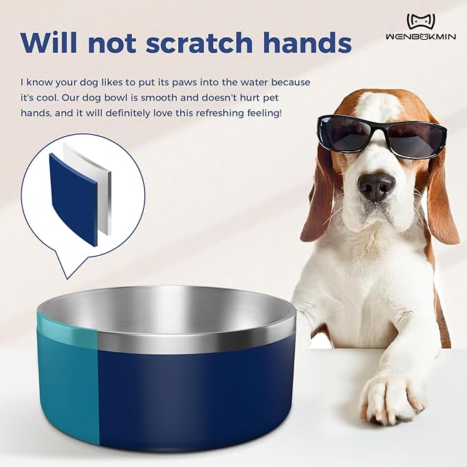 WENBOKMIN Dog Bowl, Stainless Steel Dog Food and Water Bowl with Non Slip Quiet Bottom, Easy to Clean, Dishwasher Safe, 64oz, Blue