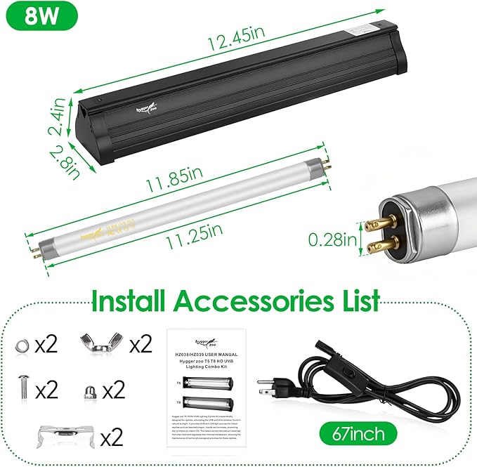 UVB Light for Reptiles Bearded Dragon, T5 UVB Reptile Light Fixture HO UVB Bulb Lighting Combo Kit 10.0 8W UVA UVB Reptile Light Bulb Terrarium Lamp Tube Bar for Snake Gecko Turtle Lizard, 12 Inch