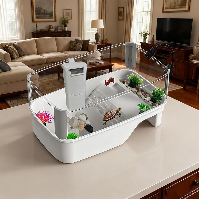 Small Turtle Tank Habitat Kit with Basking Platform, for Turtles, Crayfish, Crab, Aquatic Tortoise Enclosure Starter Aquarium, Pet Turtle Reptile Habitat