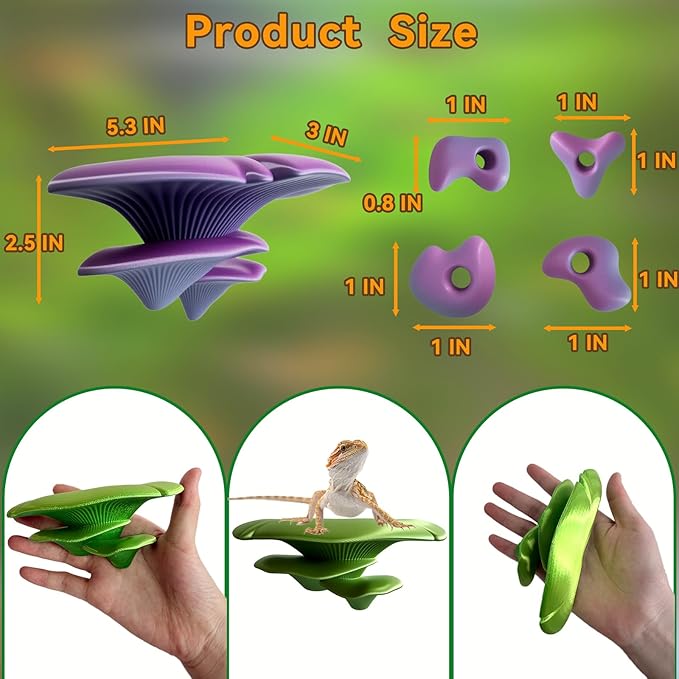 Mushroom Terrarium Decor & Climbing Hold Kit,with 12 Rock Holds, Suction Cups & Adhesive Dots for Geckos, Frogs, Small Lizards & Snakes in Dry/Semi-Moist Habitats (Lavender Silver)