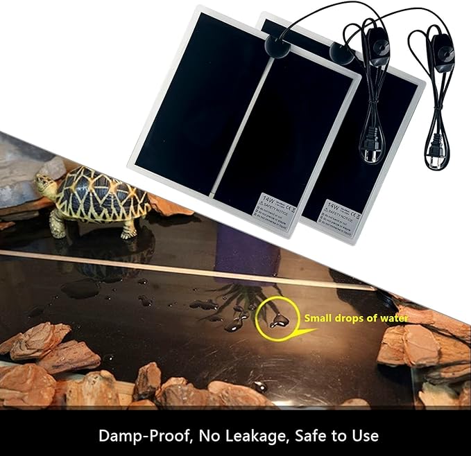 Reptile Heating Mat, 2PCS Reptile Heating Pad with Temperature Adjustment for Reptiles Tortoise Snakes Lizard Gecko Hermit Crab Amphibians - Removable Terrarium Heat Mats(14W, 11x11 inches)
