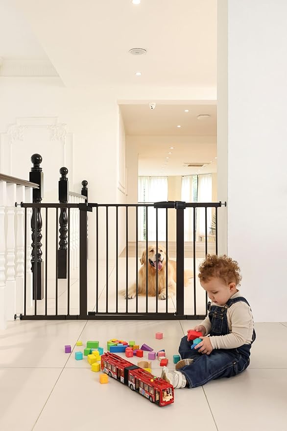 53.46"-55.63" Baby and Pet Safety Gate, 30" Tall Metal Walk-Thru Gate for Doorways & Stairs, Easy One-Hand Open, Dual Lock, Extensions & Wall Mounts Included (White, 29"-54" W x 30.5“H)