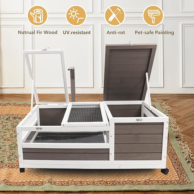 PetsCosset Tortoise Habitat Cage on Wheels with Lamp Stand & Pull-Out Waterproof Tray – Large Wooden Tortoise House, Indoor & Outdoor Reptile Enclosure 39" L x 23" W x 14" H Single Habitat