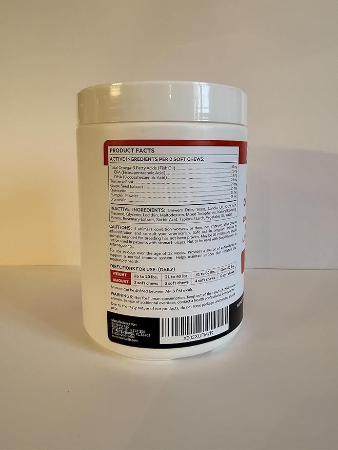 StrellaLab Dog Allergy Relief & Anti Itch Support Chews w/Omega 3: Real Ingredients, Real Taste! Skin & Coat Immune Supplement w/Fish Oil, Pumpkin & Enzymes — Developed by Experts - Made in USA -120Ct