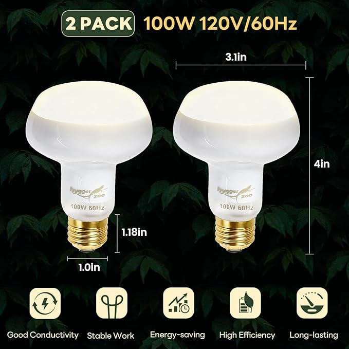 Reptile Heat Lamp, 2 Pack 100W Simulated Natural Sunlight Heat Lamp Bulbs Reptile Warm Light Lamps UVA Daylight Basking Light for Bearded Dragon Chameleon Turtle Snake Gecko Lizard Chicken, White