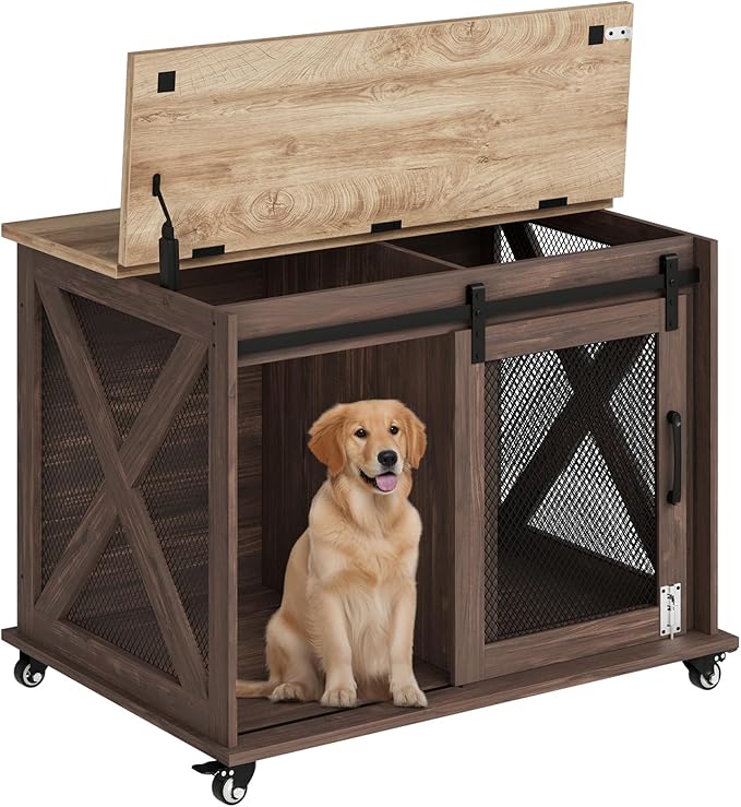 GarveeLife 37" Dog Crate Furniture, Side End Table, Farmhouse Dog Crate with Sliding Barn Door, Flip Top Wooden Dog Kennel with Wheels and Movable Divider, Indoor Dog Cage House for Medium Dogs