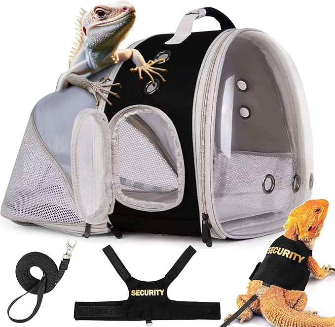 WEVONIGU Expandable Small Animal Backpack Carrier with Clear Bubble Window Large Space Travel Cage for Hedgehog Rat Parrot,Bearded Dragon,Sugar Glider,Airline Approved (Black, BE Backpack+LSH)
