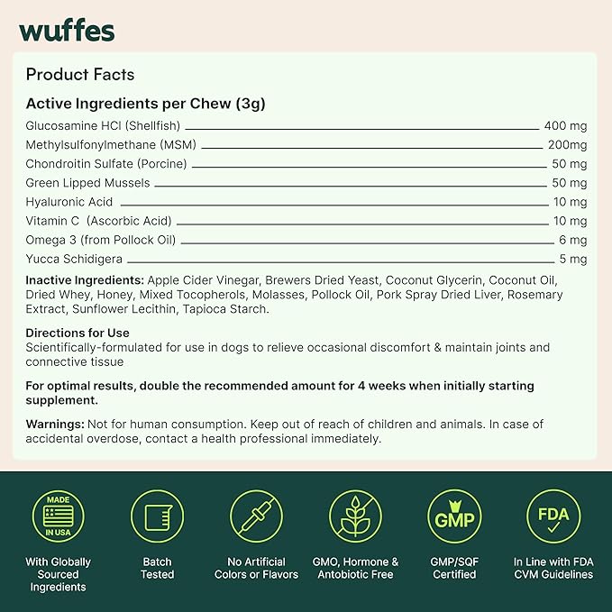 Wuffes Advanced Dog Hip and Joint Supplement with Glucosamine, Chondroitin, Omega 3, MSM, and Green Lipped Mussel, 60 Pork Flavored Chews for Small and Medium Dog Breeds
