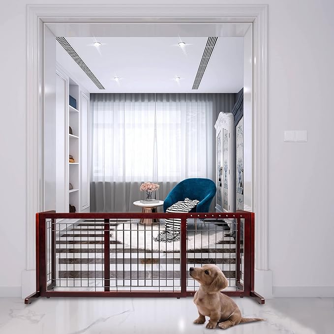 Bonnlo Free Standing Dog Gate, 37" - 68" Wide Pet Gate for Fireplace Stairs Doorways, Wooden Adjustable Pet Fence Indoor, Christmas Tree Gate (Cherry)