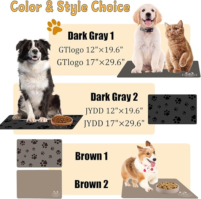 Pet Feeding Mat-Cat Dog Mat for Food and Water Bowl, Absorbent Quick Dry Food Mat Anti-Slip No Stains Dog Placemat with Footprints for Messy Drinkers,12"x20"Dark Grey