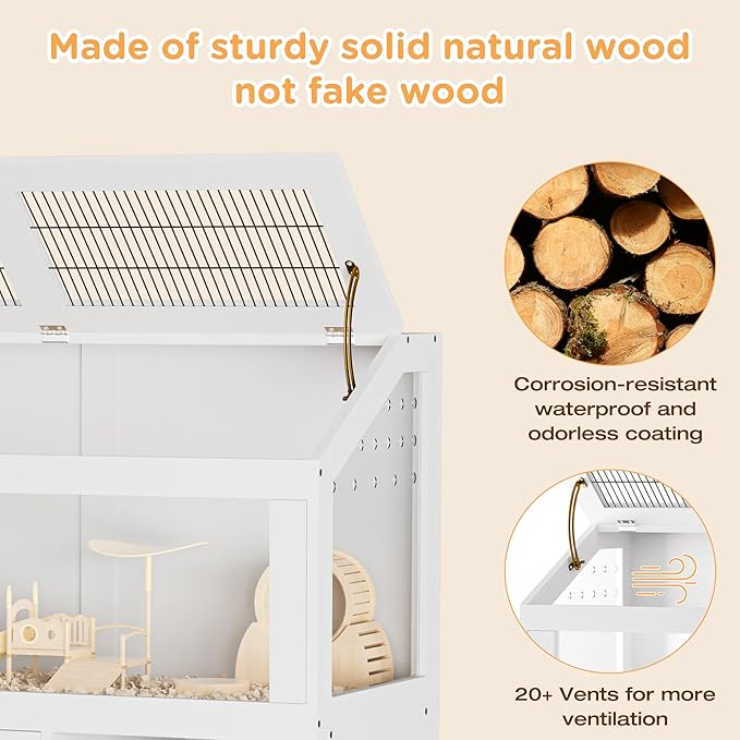 Hamster Cage with Storage Cabinet, Hamster Cage Large, Large Hamster Habitat with Easy View Acrylic Panels, Wooden Small Animal Cages for Guinea Pigs, Rabbits, Gerbils, Hedgehogs, White