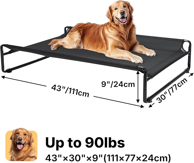 Veehoo Outdoor Elevated Dog Bed,Raised Dog Beds for Large Dogs, Washable Dog Cot with Headrest Sides, Non-Skid Feet, Breathable Mesh, Cooling Pet Hammock for Indoor or Camping, 42", Black
