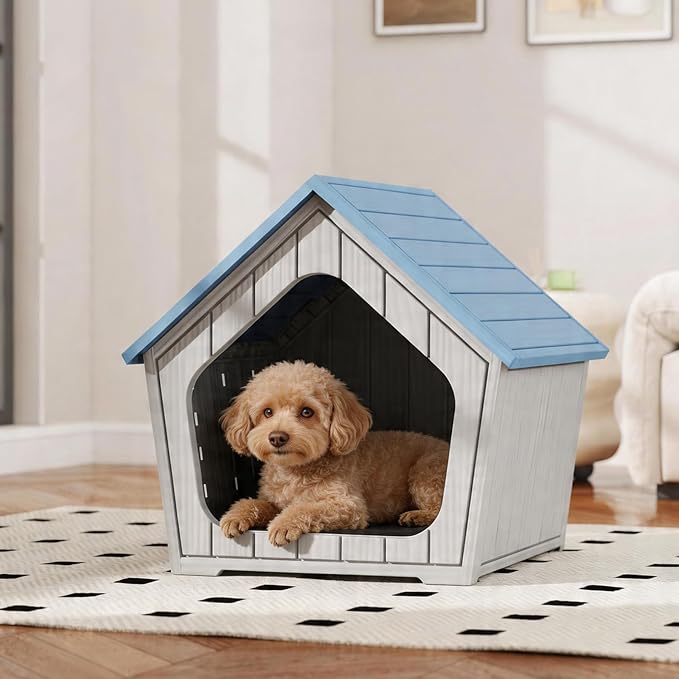 Fancyango Indoor Outdoor Small Dog House - Weatherproof for Small Dogs, Sturdy Pet Kennel Shelter for Indoor Living Room & Outdoor Patio (Blue, 23.43" L×22.44" W×22.24" H)