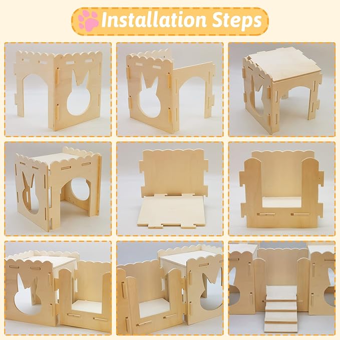 Fhiny Wooden Rabbit Castle, Small Animals Large Tunnel with Bridge Detachable Bunny Fort Hideout Rest and Playhouse with Windows for Rabbits Guinea Pigs Chinchilas Kittens