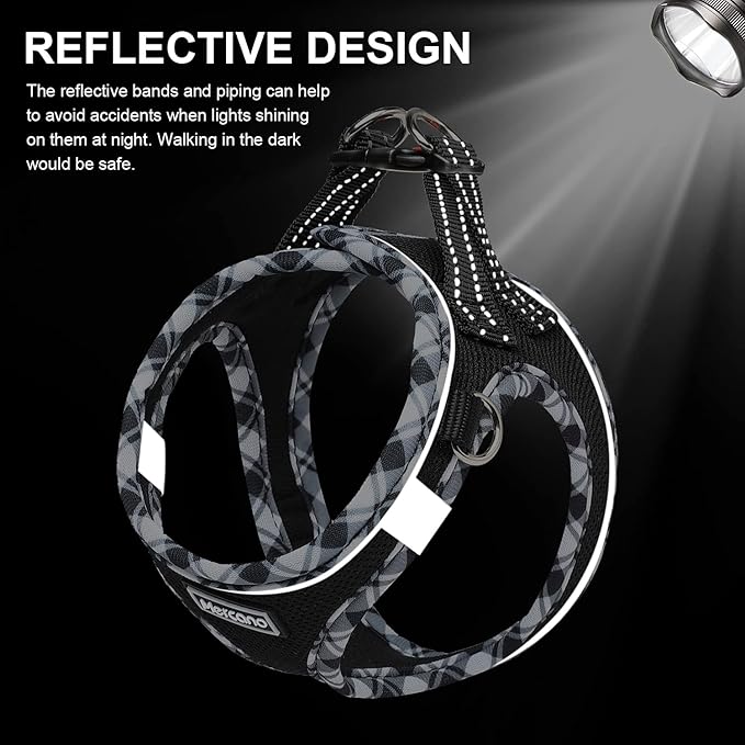 Mercano Soft Mesh Dog Harness and Leash Set, No-Chock Step-in Reflective Breathable Lightweight Escape Proof Vest Harnesses with Safety Buckle for Small Dogs, Cats (Black White, M)