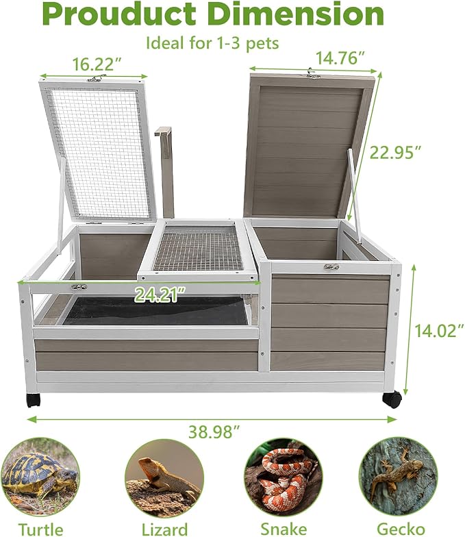 Tortoise Habitat with Lamp Holder in Indoor & Outdoor, Wooden Extensible Turtle Enclosure Table with 4 360° Lockable Wheels, Leakproof Tray, Openable Roof for Tortle, Lizard, Chameleon