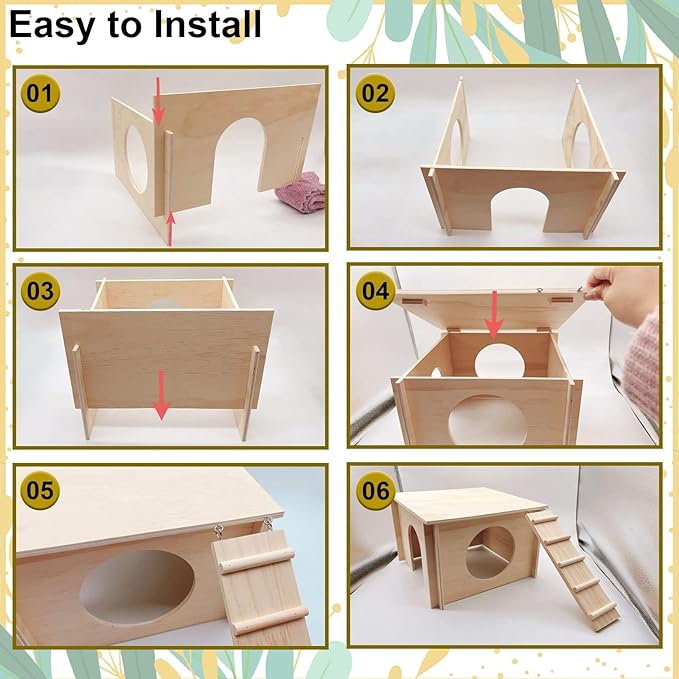 kathson Guinea Pig Hideout House,Wooden Chinchilla Hide Hut with Climbing Ladder and Windows, Hamster House for Mouse Hedgehog Squirrel Mice Gerbils Hiding Sleeping and Playing