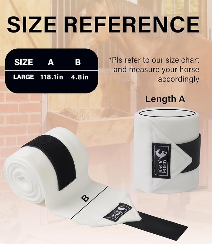 Fleece Horse Polo Leg Wraps Set of 4, 10' Horse Leg Bandages Stable Supplies Equestrian Boots White