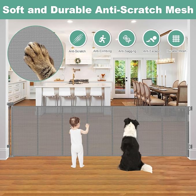 Reinforced 195 Inch Extra Wide Baby Gate Retractable Dog Fence with Support Rods – Prevent Crawling Under, 16 Foot Retractable Baby Gates Retractable Dog Gate Outdoor/Indoor Extra Long Pet Gate, Gray