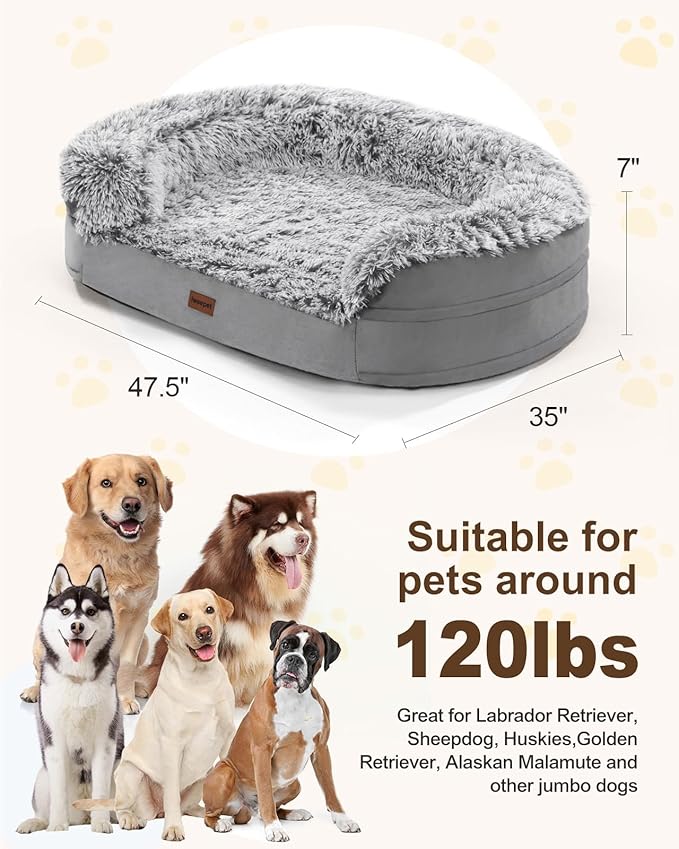 iweepet 3.7 inch Thickened Orthopedic Dog Beds for Jumbo Dogs, Curved Bolster Support Dog Couch with Removable & Washable Fluffy Cover, Orthopedic Oval Memory Foam, Non Slip Bottom,Grey