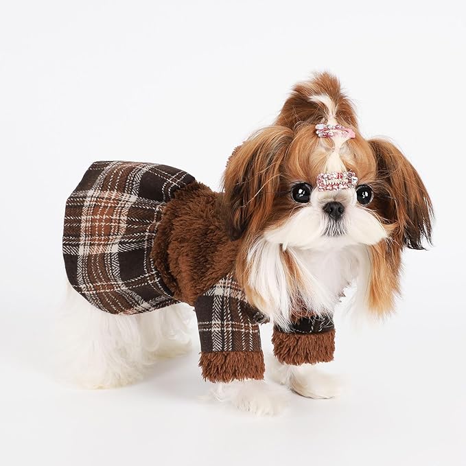 DaFuEn Dog Sweater,Dog Dress, Dog Sweaters Dresses for Small Dogs,Cute Warm Fleece Hooded Sweater for Small Dogs, Plaid Puppy Dresses Clothes Chihuahua Yorkie Cat Apparel (Brown,M
