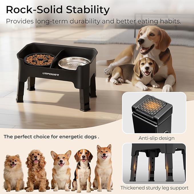 URPOWER Mess Proof Elevated Dog Bowls, High Wall Splash Guard Design, 4 Height Adjustable Raised Bowl Stand, 2 Stainless Steel Bowls, Non-Slip Food Water Set for Small, Medium Dogs