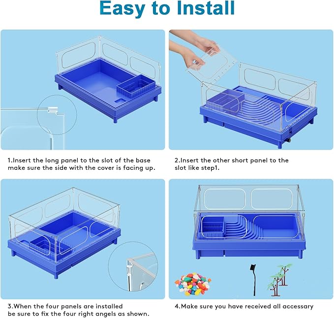 Blue Turtle Tank, Small Aquarium with Basking Platform, Basking, Feeding & Swimming Areas for Small Turtles