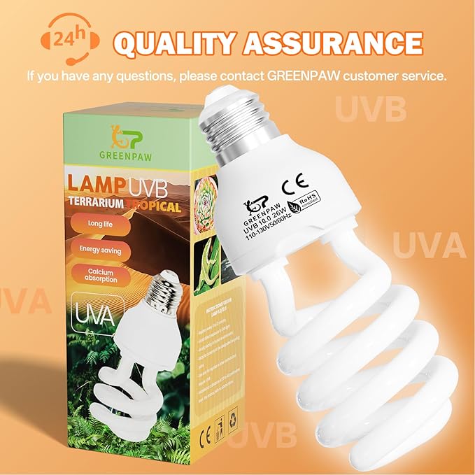 UVB Light for Reptiles 10.0: Bearded Dragon UVB Light for Desert Habitats, 26W UVA UVB Reptile Light Bulb for Lizards Tortoises, Terrarium Compact Fluorescent Lamp-UVB Bulbs with Free UV Sensor Card